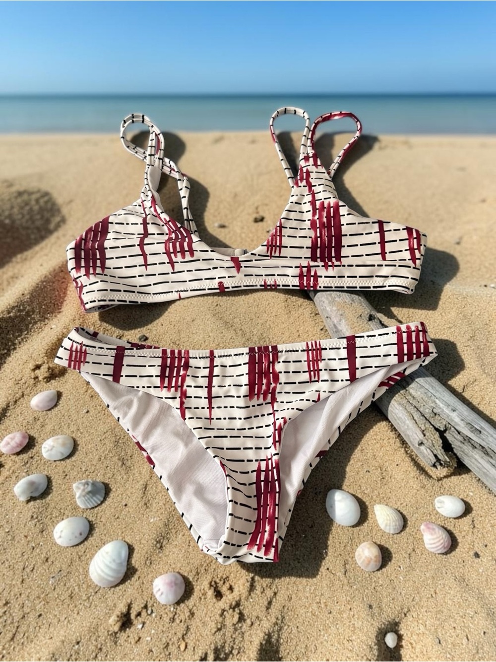 SHEIN white Bikini Set with Burgundy Print
